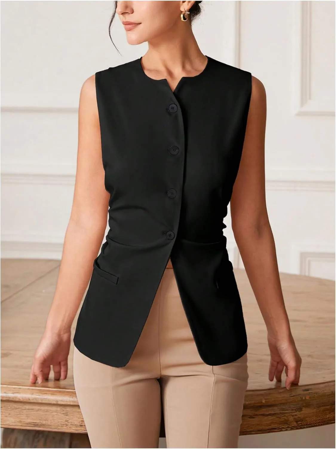 MakeMeChic Women's Asymmetrical Hem Notch Neck Blazer Vest Single Breasted Sleeveless Coats