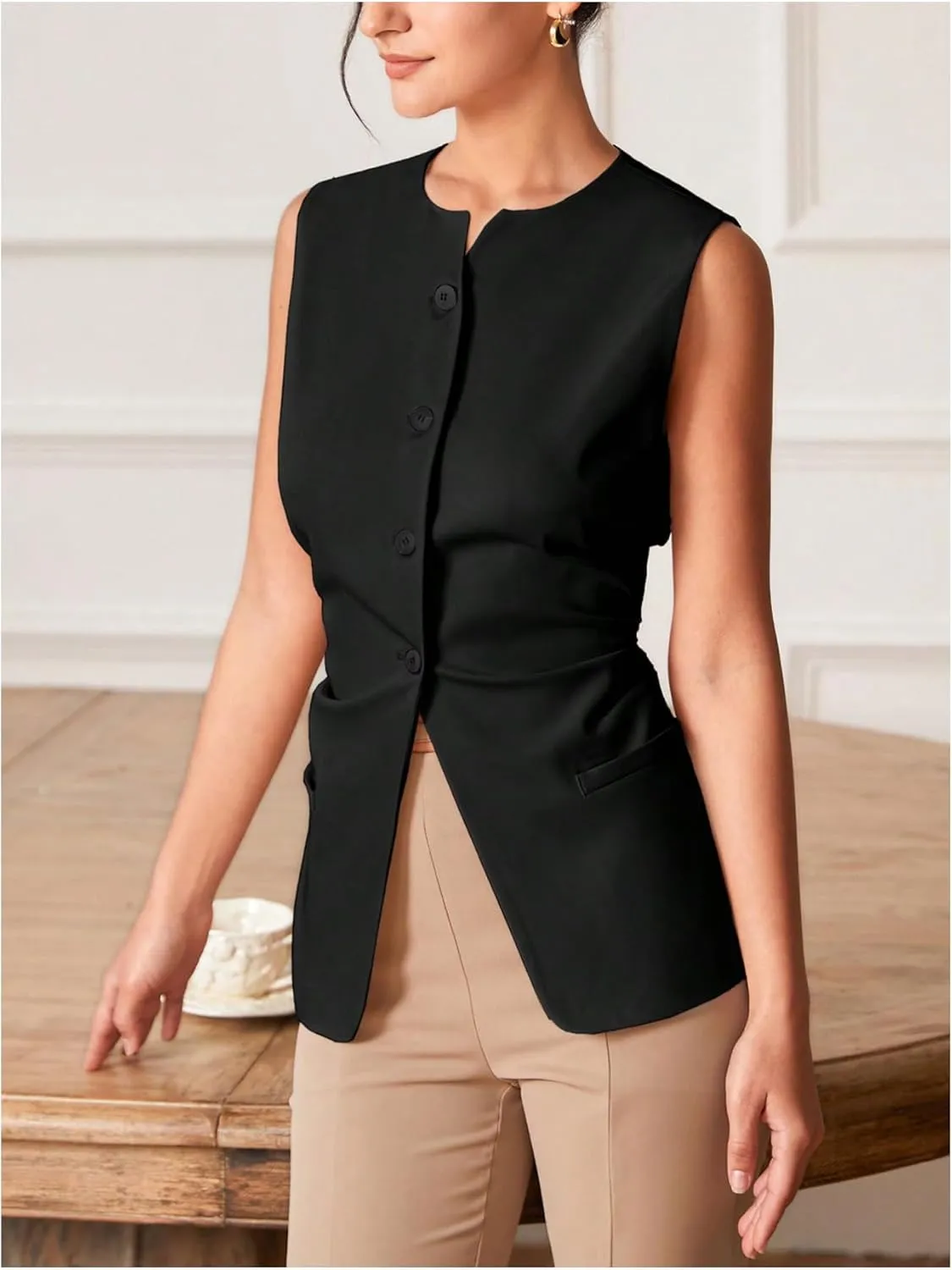 MakeMeChic Women's Asymmetrical Hem Notch Neck Blazer Vest Single Breasted Sleeveless Coats
