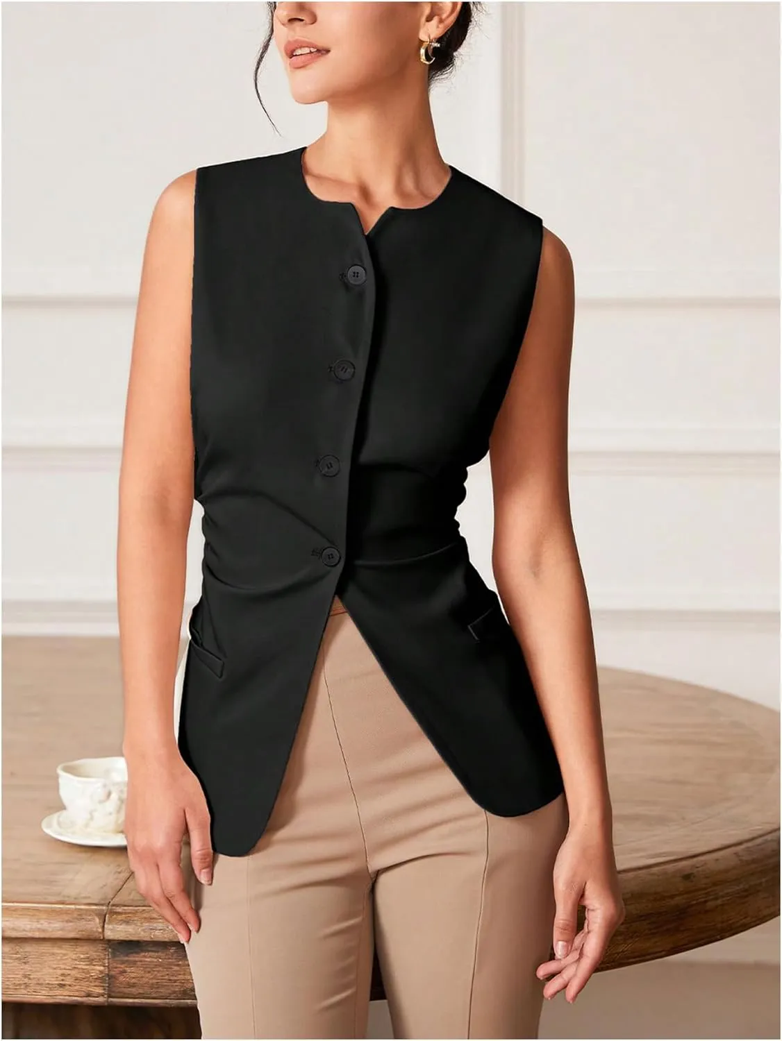 MakeMeChic Women's Asymmetrical Hem Notch Neck Blazer Vest Single Breasted Sleeveless Coats