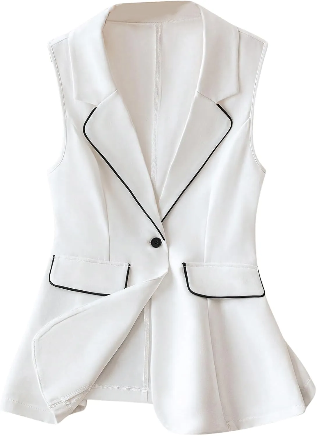 MakeMeChic Women's Contrast Binding Sleeveless Blazer Lapel Neck Single Button Vest Coats