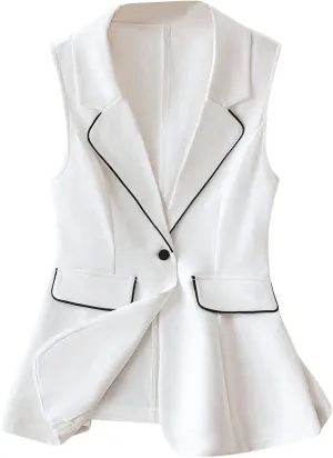 MakeMeChic Women's Contrast Binding Sleeveless Blazer Lapel Neck Single Button Vest Coats