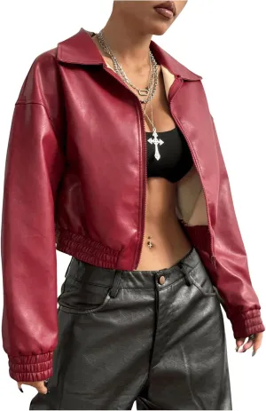 MakeMeChic Women's Faux Leather Jacket Collar Drop Shoulder Long Sleeve Crop Coats Outwear