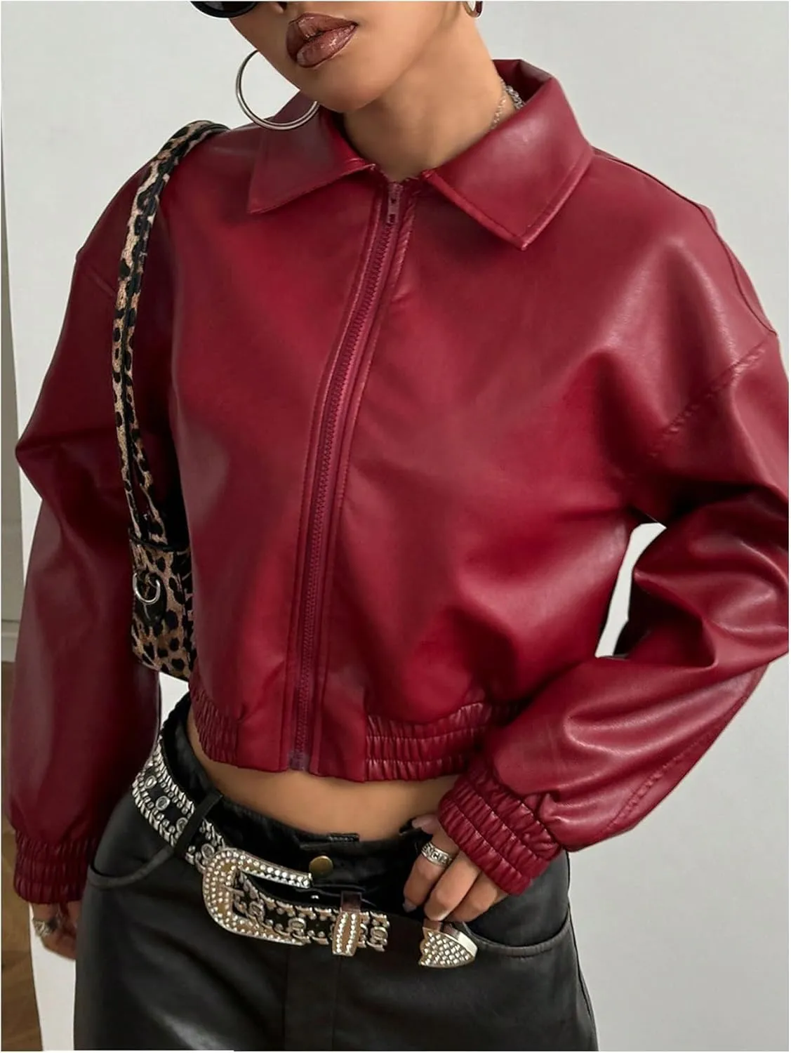 MakeMeChic Women's Faux Leather Jacket Collar Drop Shoulder Long Sleeve Crop Coats Outwear