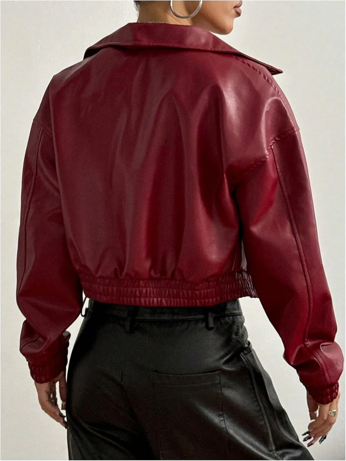 MakeMeChic Women's Faux Leather Jacket Collar Drop Shoulder Long Sleeve Crop Coats Outwear