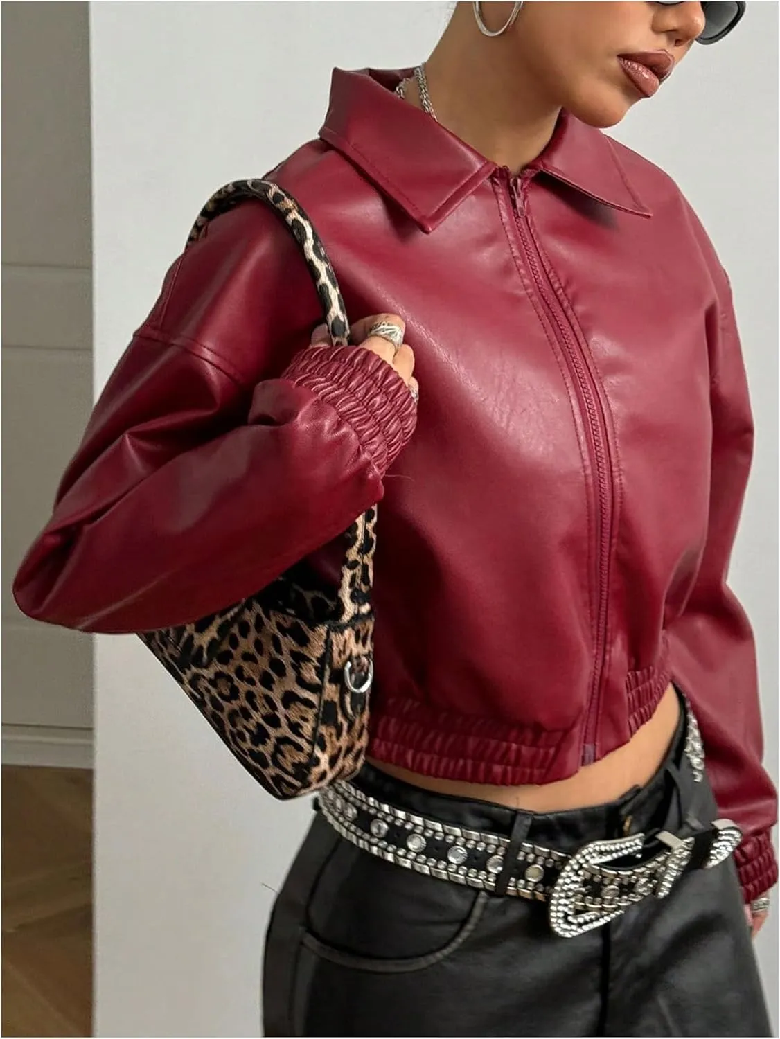 MakeMeChic Women's Faux Leather Jacket Collar Drop Shoulder Long Sleeve Crop Coats Outwear