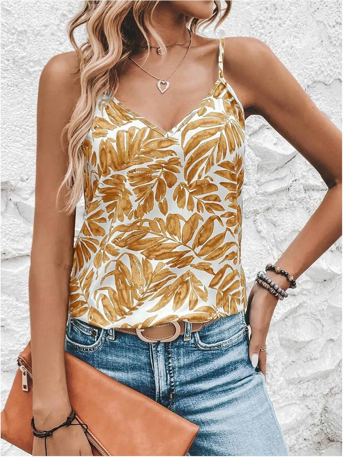 MakeMeChic Women's Tropical Print Summer Camisole Shirts Sleeveless V Neck Cami Tops