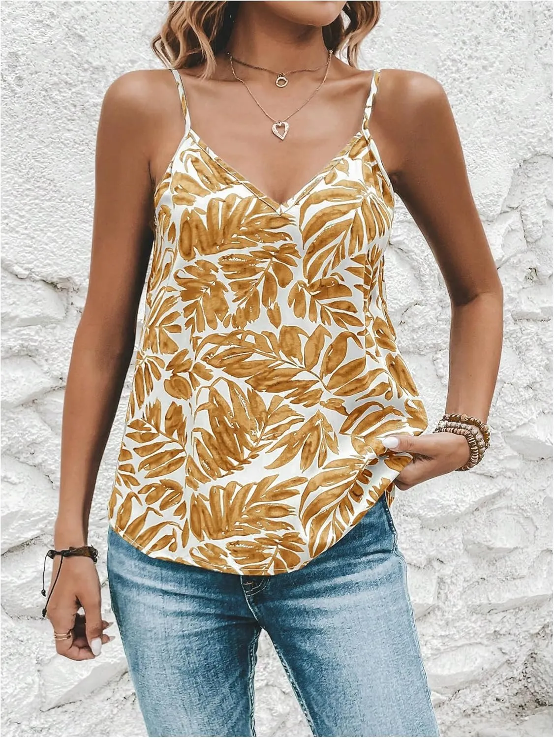 MakeMeChic Women's Tropical Print Summer Camisole Shirts Sleeveless V Neck Cami Tops