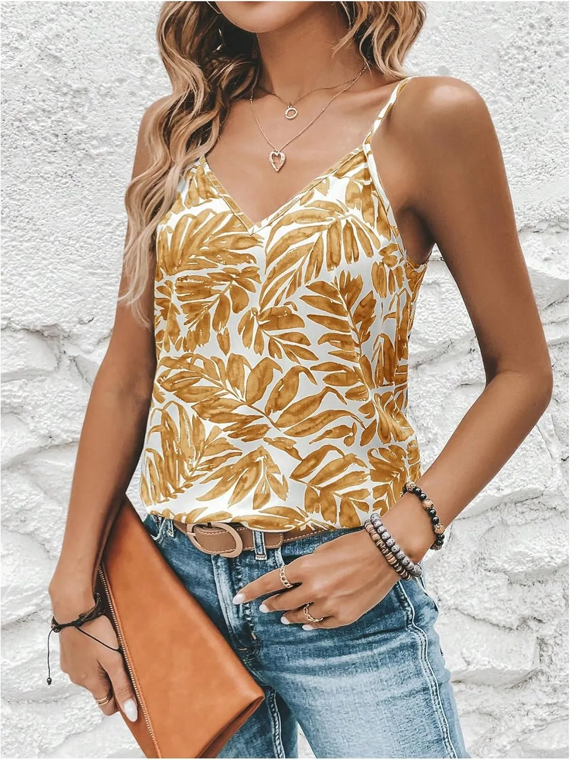 MakeMeChic Women's Tropical Print Summer Camisole Shirts Sleeveless V Neck Cami Tops