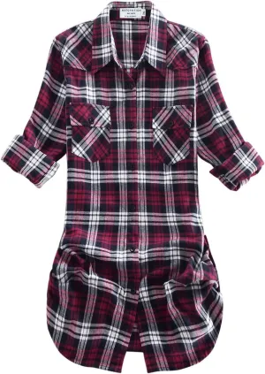 Match Womens Button Down Flannel Plaid Shirts roll up Long Sleeve Shackets Business Blouse Top