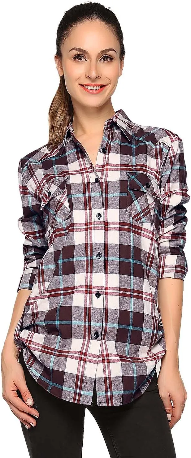 Match Womens Button Down Flannel Plaid Shirts roll up Long Sleeve Shackets Business Blouse Top