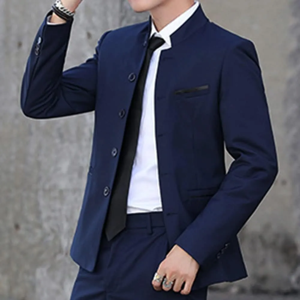 Men Casual Suit Blazer Jackets Stand Collar Business Sport Coats Jacket Slim Fit Button Solid Chinese Tunic Suits Prom