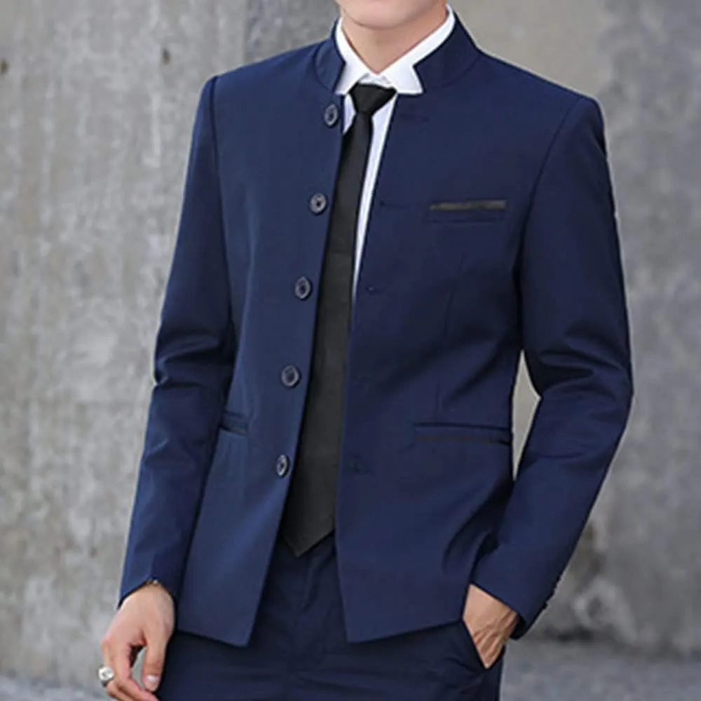 Men Casual Suit Blazer Jackets Stand Collar Business Sport Coats Jacket Slim Fit Button Solid Chinese Tunic Suits Prom