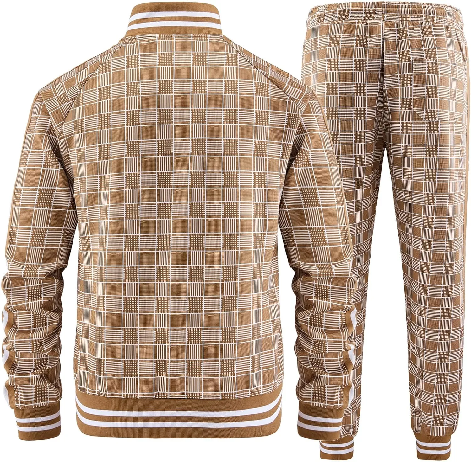 Men Tracksuits Full-zip Long Sleeve Plaid Track Jackets and Pants 2 Piece