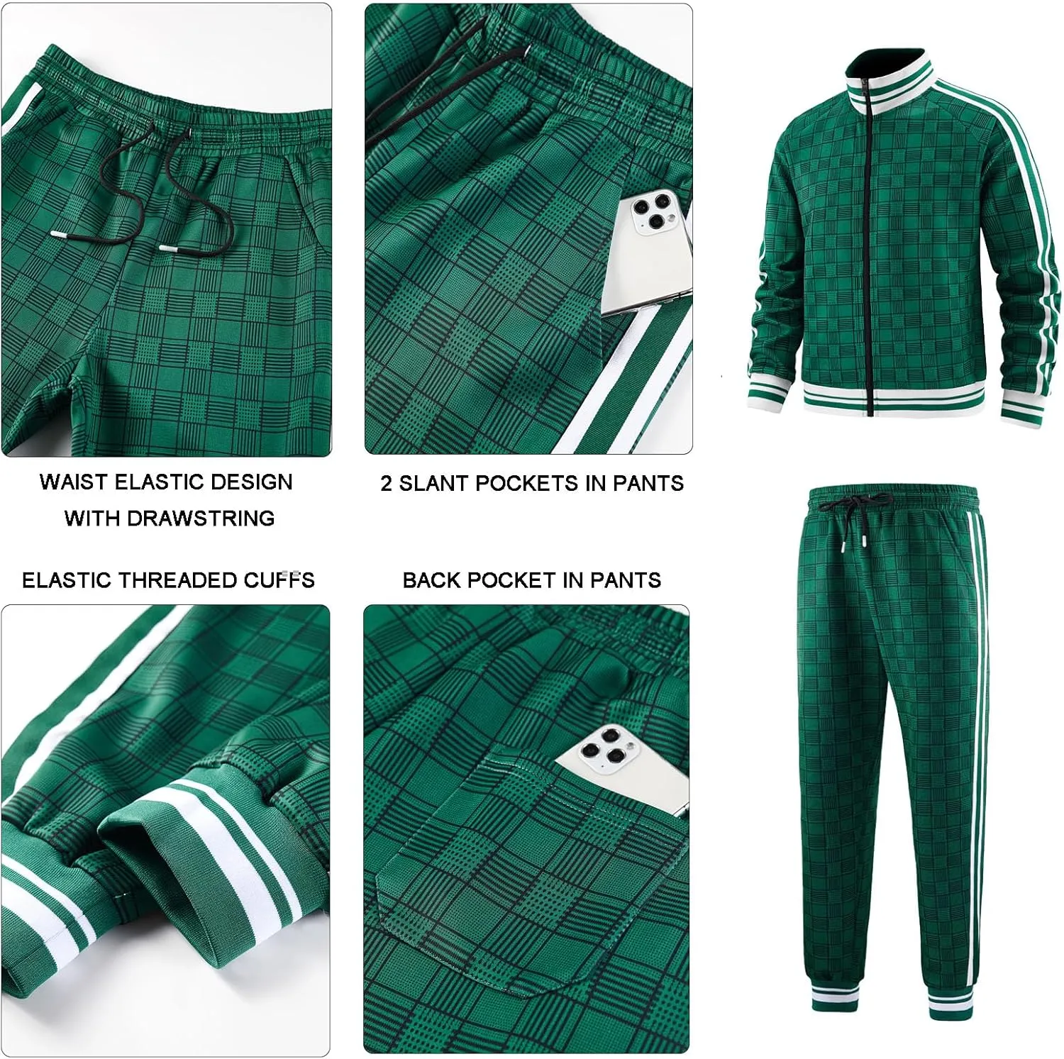 Men Tracksuits Full-zip Long Sleeve Plaid Track Jackets and Pants 2 Piece