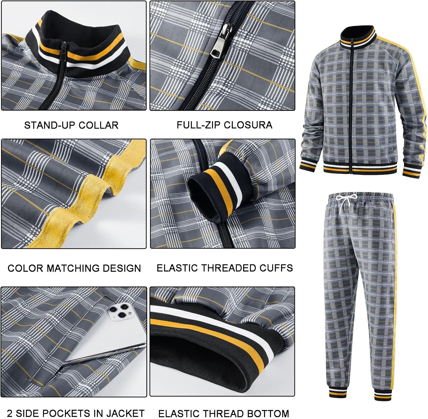 Men Tracksuits Full-zip Long Sleeve Plaid Track Jackets and Pants 2 Piece