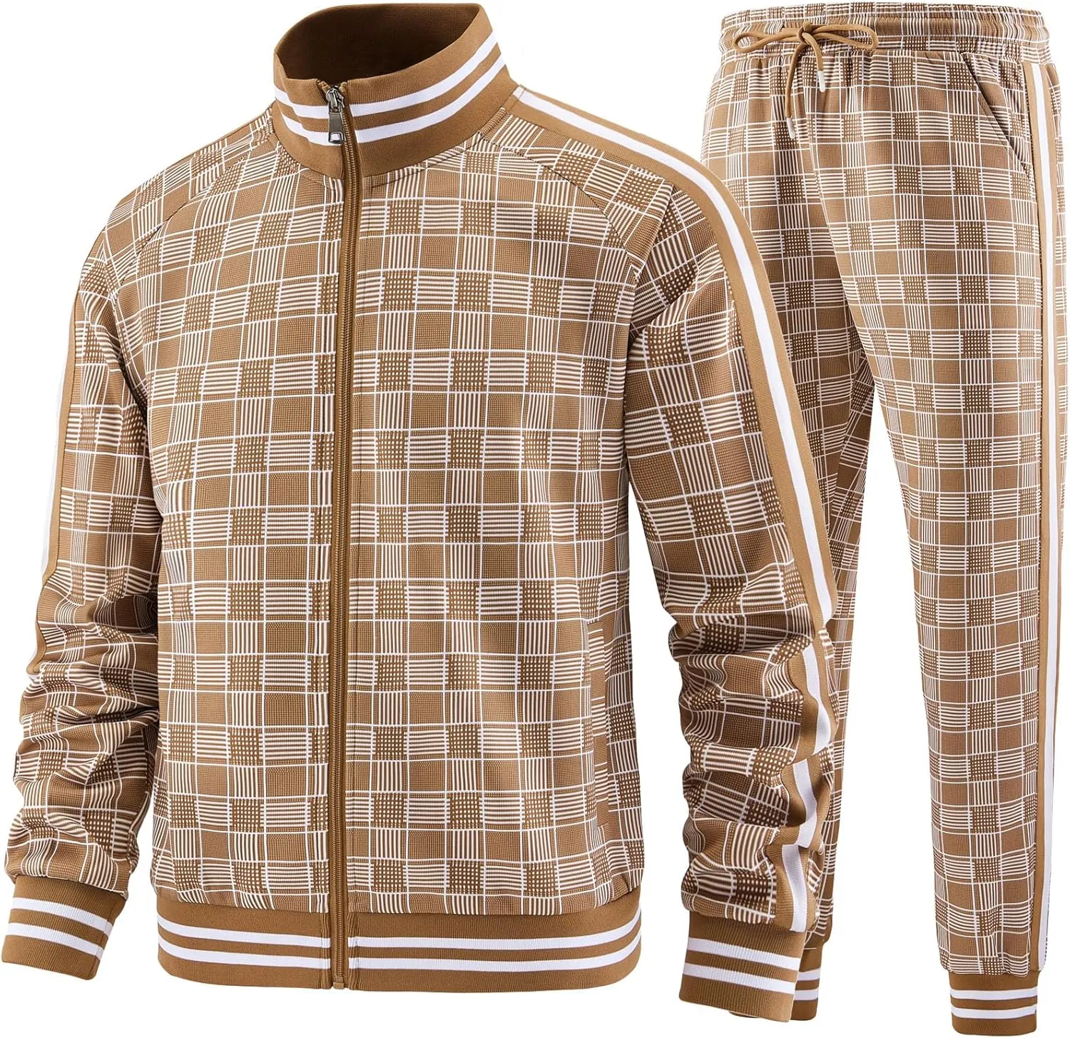 Men Tracksuits Full-zip Long Sleeve Plaid Track Jackets and Pants 2 Piece