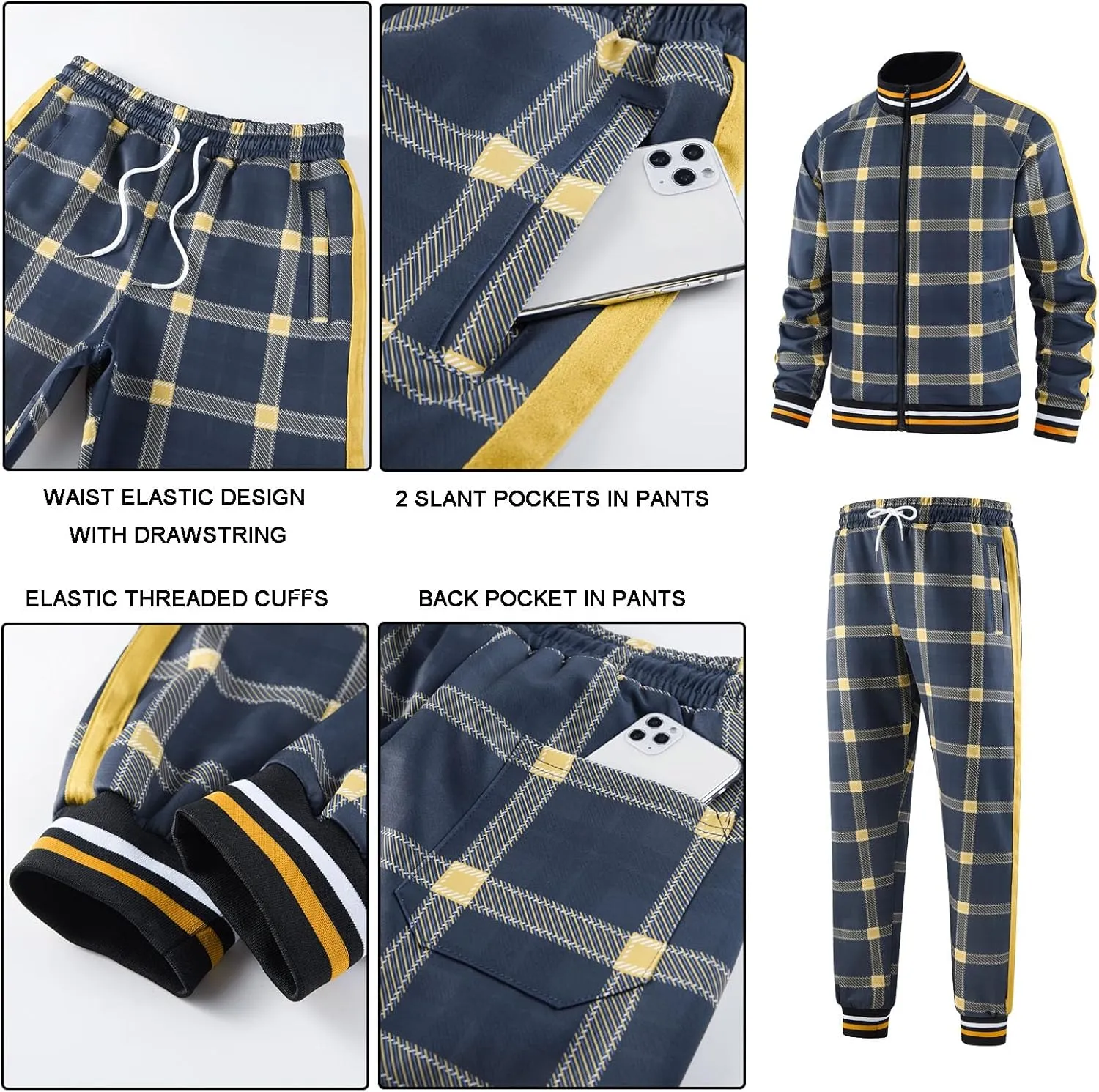 Men Tracksuits Full-zip Long Sleeve Plaid Track Jackets and Pants 2 Piece