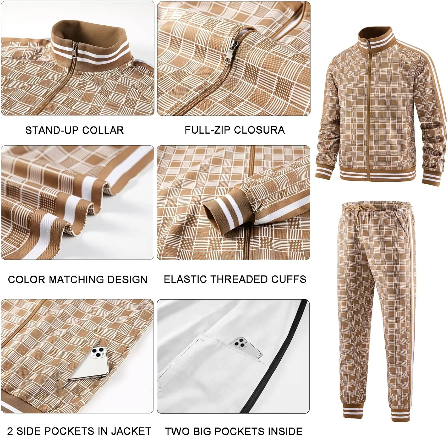 Men Tracksuits Full-zip Long Sleeve Plaid Track Jackets and Pants 2 Piece