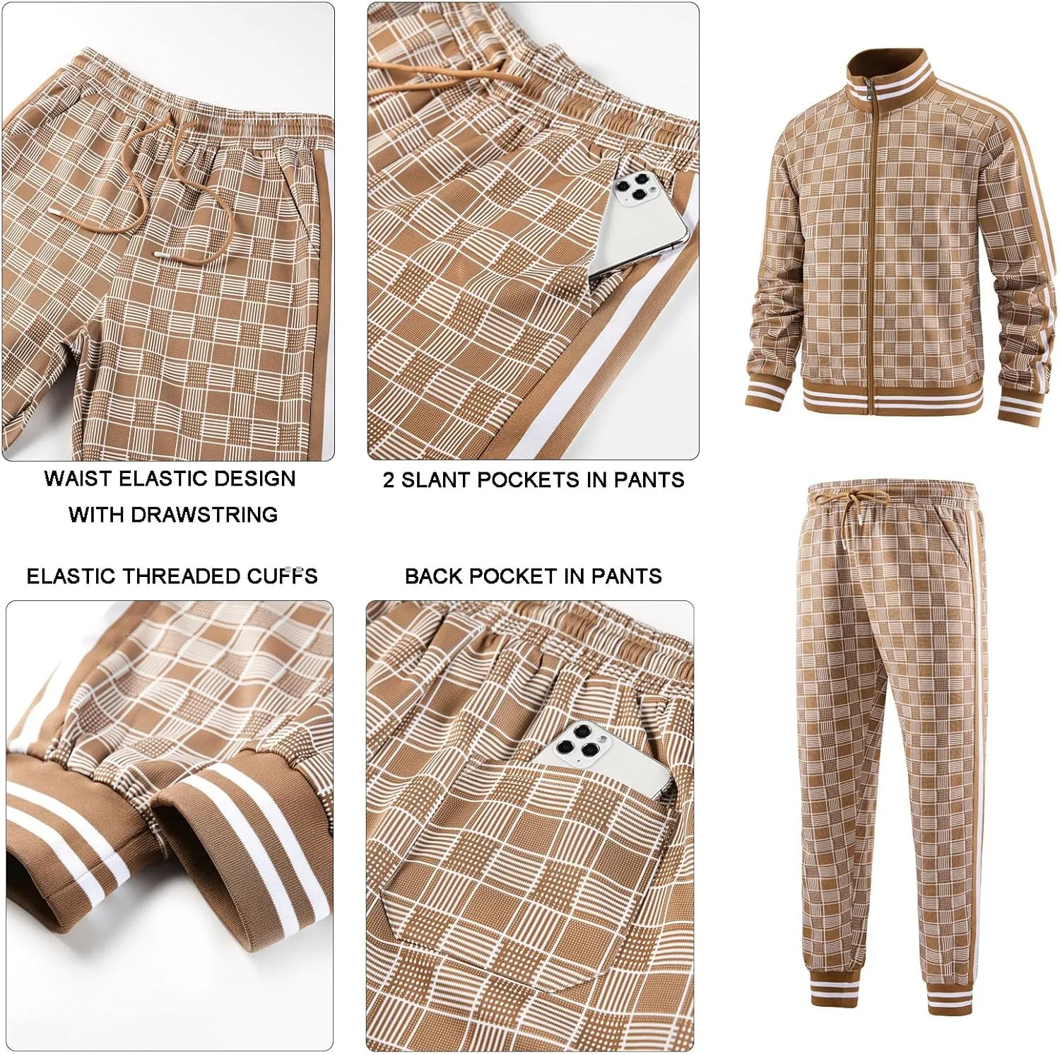 Men Tracksuits Full-zip Long Sleeve Plaid Track Jackets and Pants 2 Piece