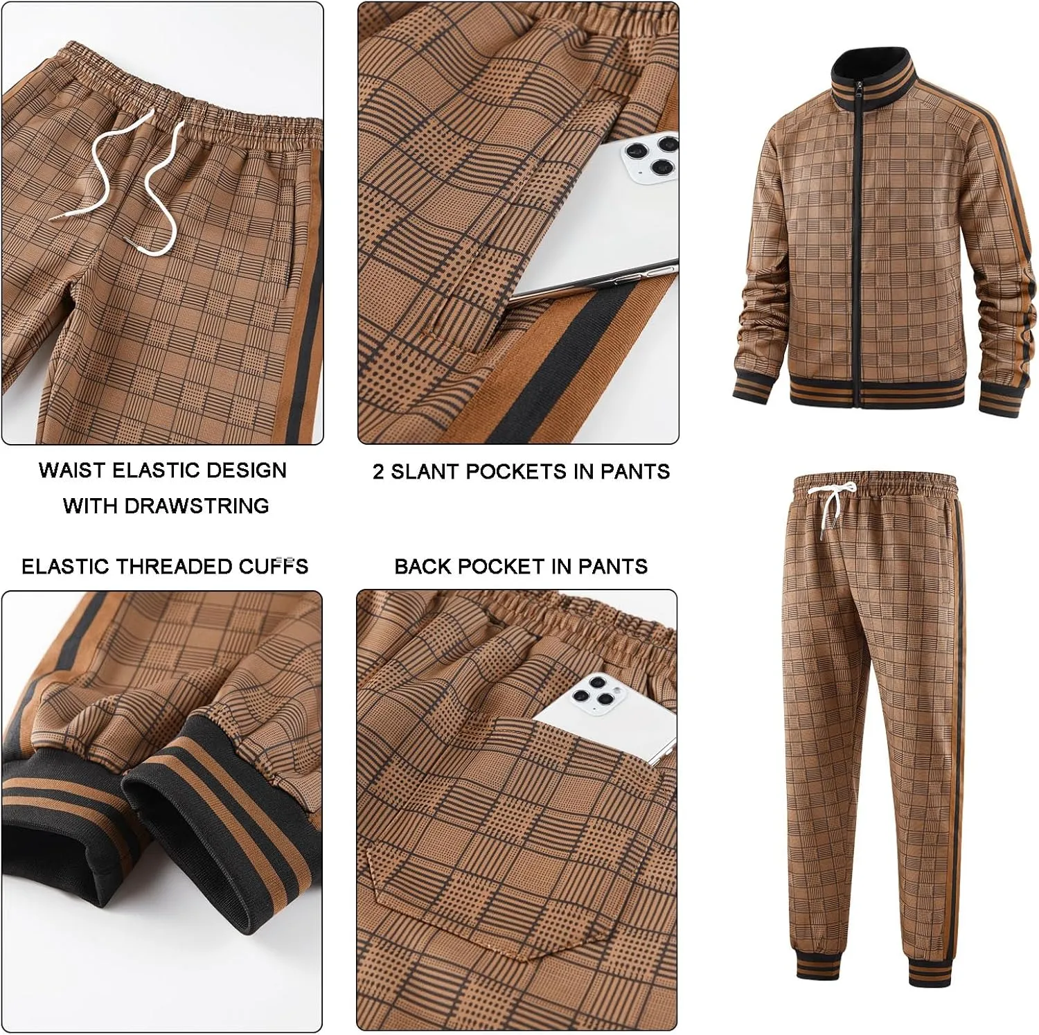 Men Tracksuits Full-zip Long Sleeve Plaid Track Jackets and Pants 2 Piece