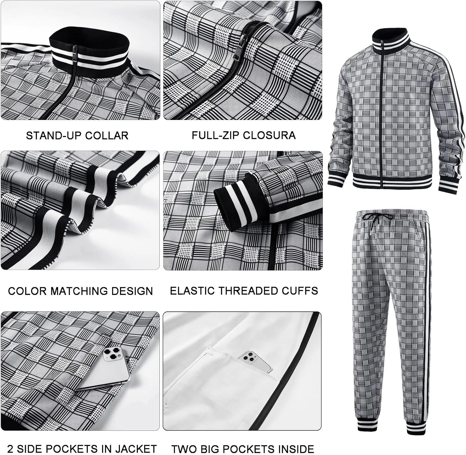 Men Tracksuits Full-zip Long Sleeve Plaid Track Jackets and Pants 2 Piece