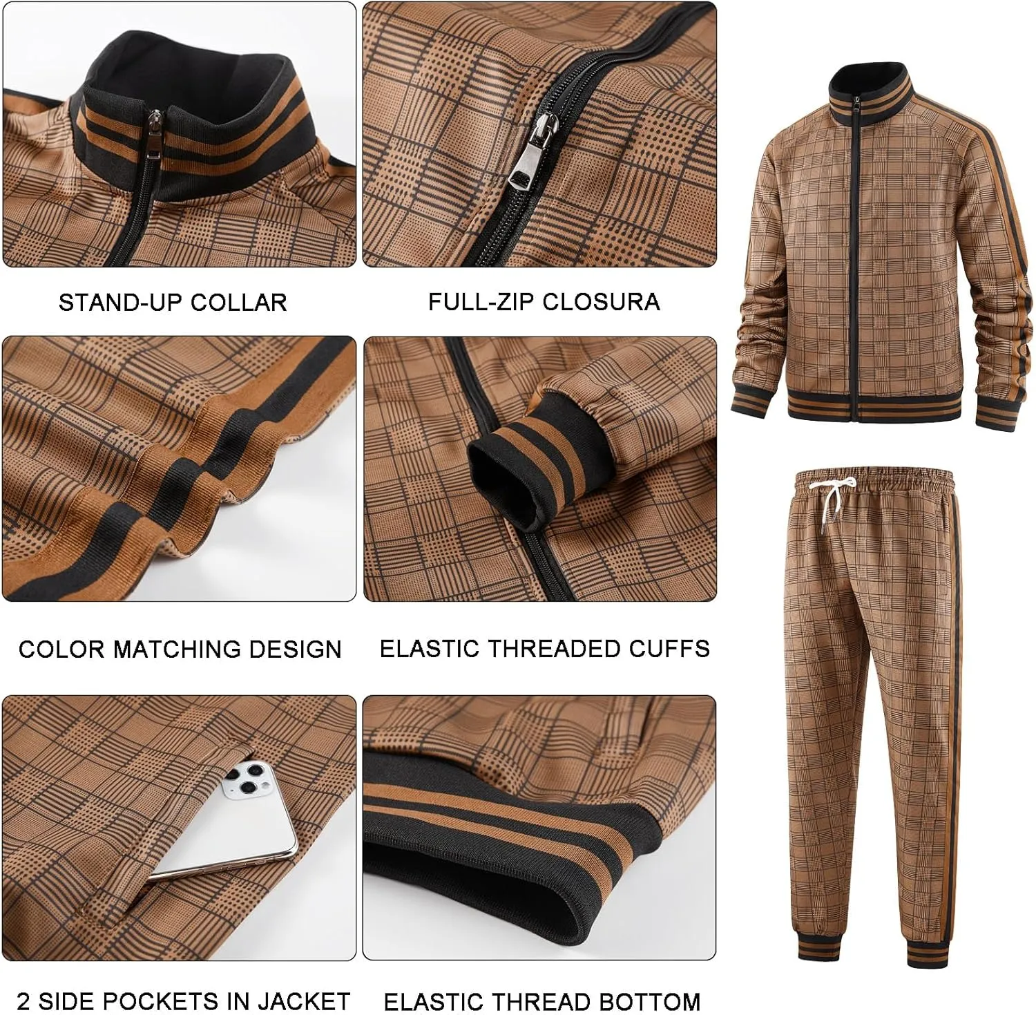 Men Tracksuits Full-zip Long Sleeve Plaid Track Jackets and Pants 2 Piece