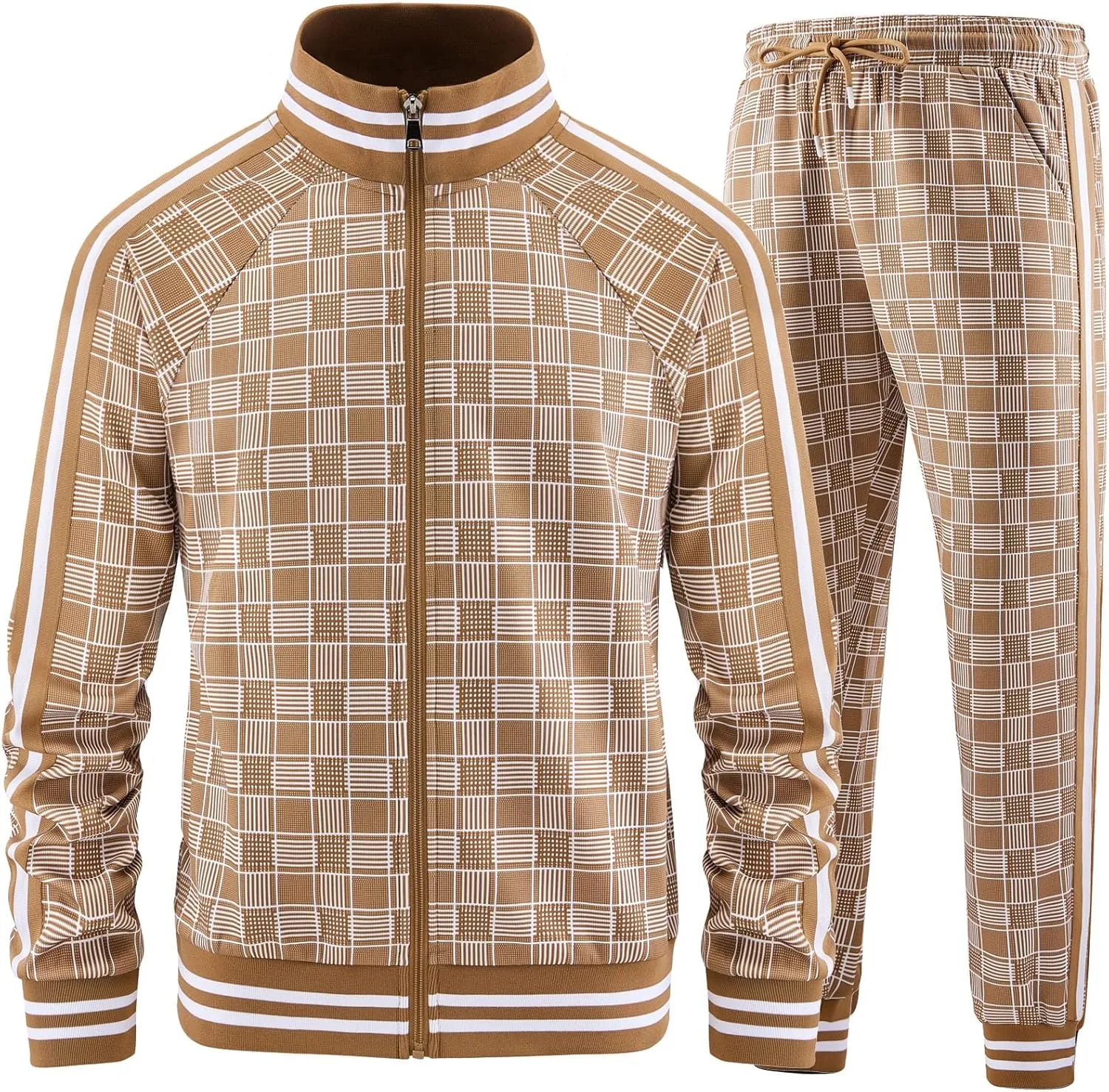 Men Tracksuits Full-zip Long Sleeve Plaid Track Jackets and Pants 2 Piece