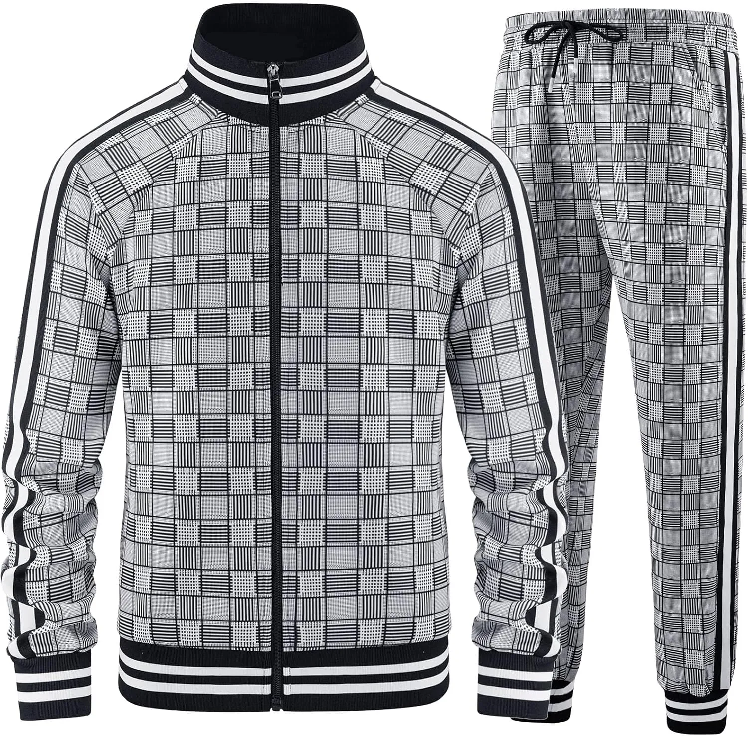 Men Tracksuits Full-zip Long Sleeve Plaid Track Jackets and Pants 2 Piece