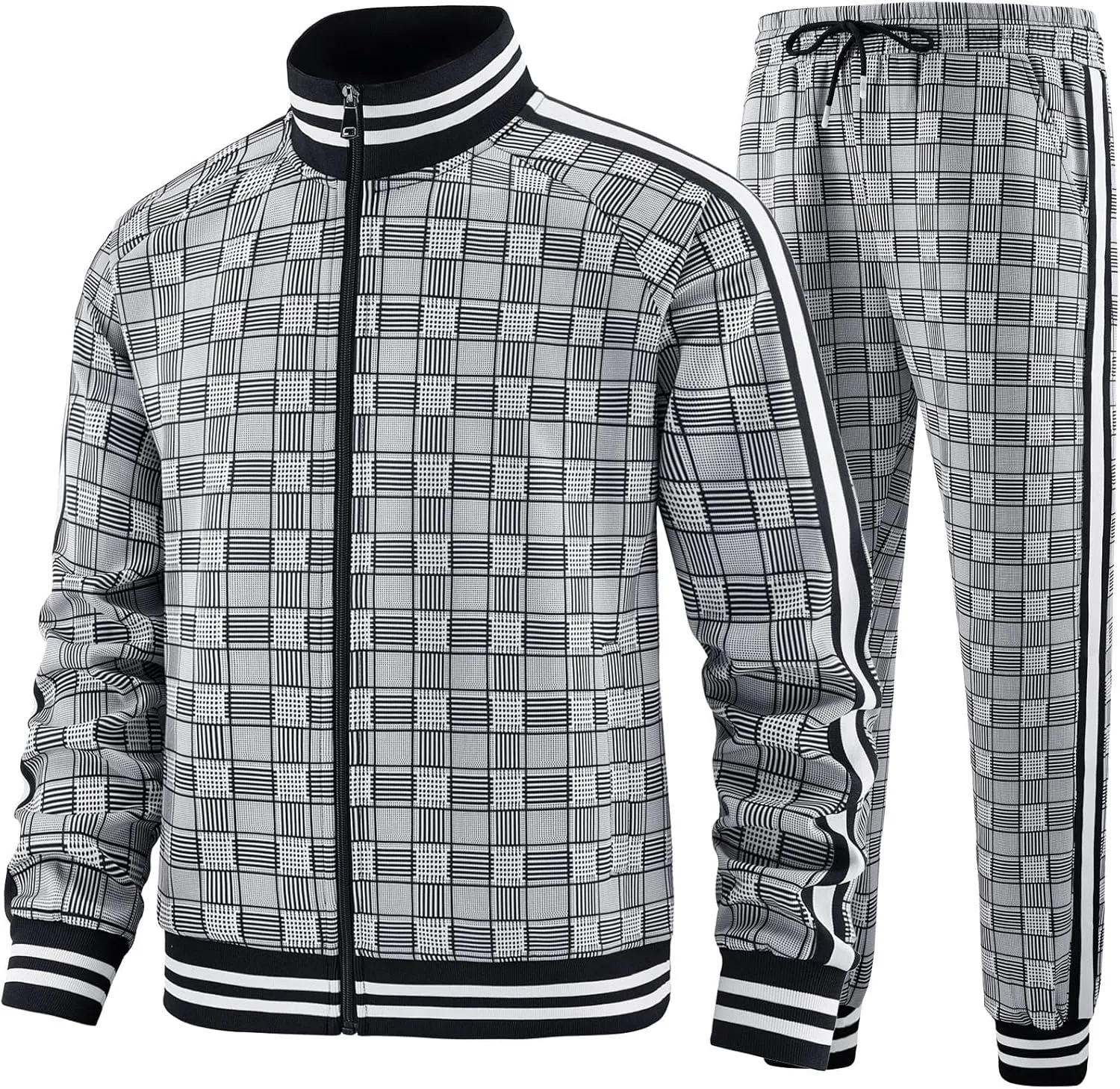 Men Tracksuits Full-zip Long Sleeve Plaid Track Jackets and Pants 2 Piece