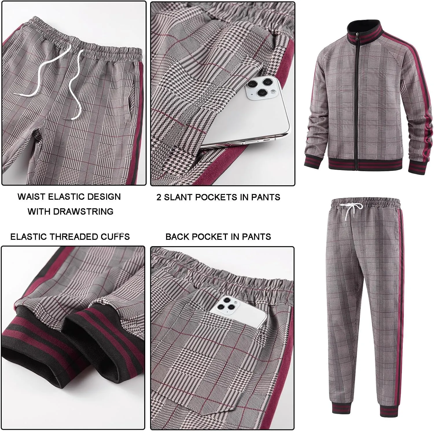 Men Tracksuits Full-zip Long Sleeve Plaid Track Jackets and Pants 2 Piece