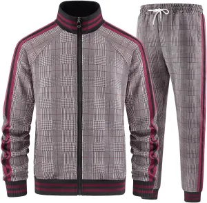 Men Tracksuits Full-zip Long Sleeve Plaid Track Jackets and Pants 2 Piece
