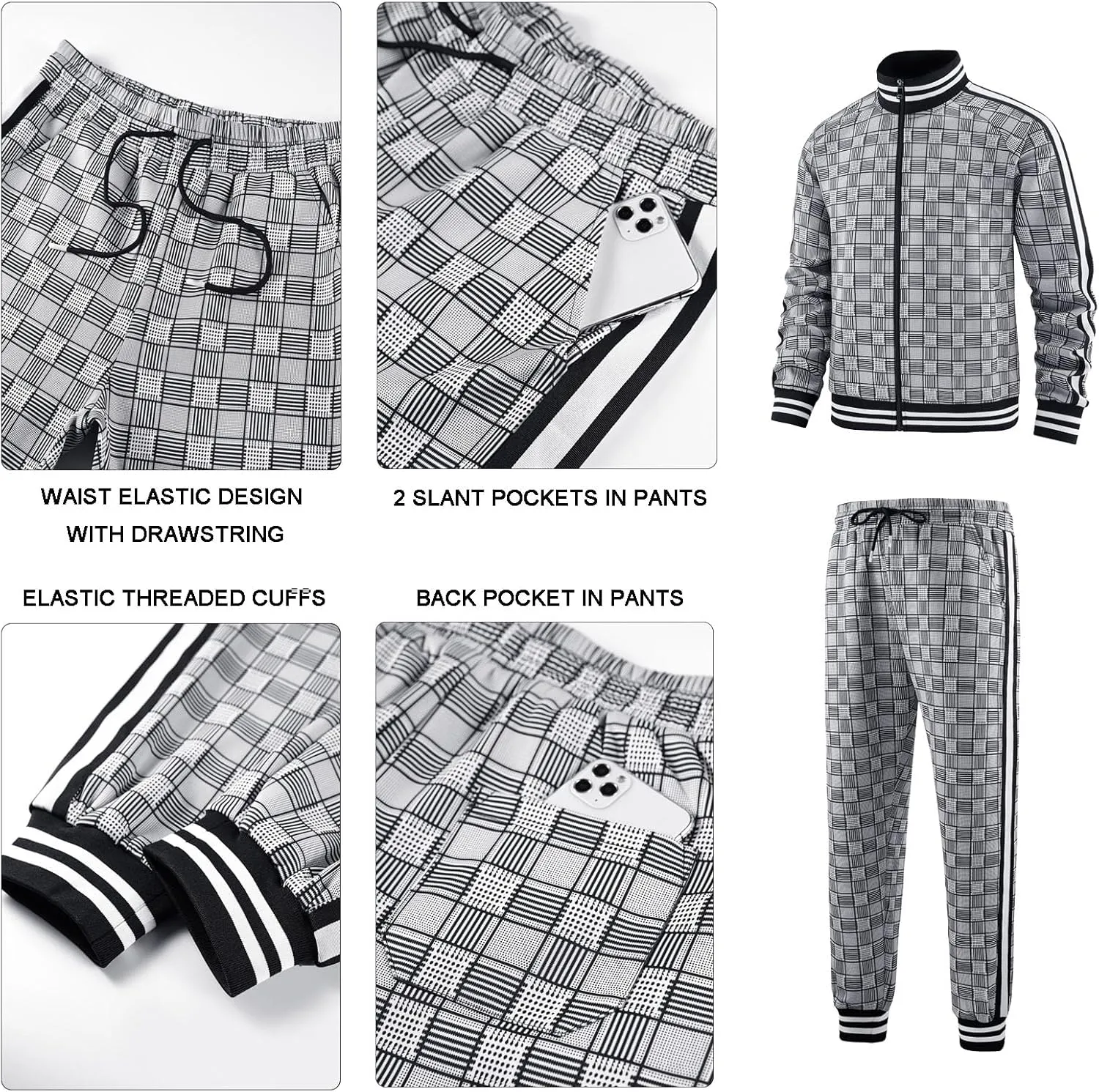 Men Tracksuits Full-zip Long Sleeve Plaid Track Jackets and Pants 2 Piece
