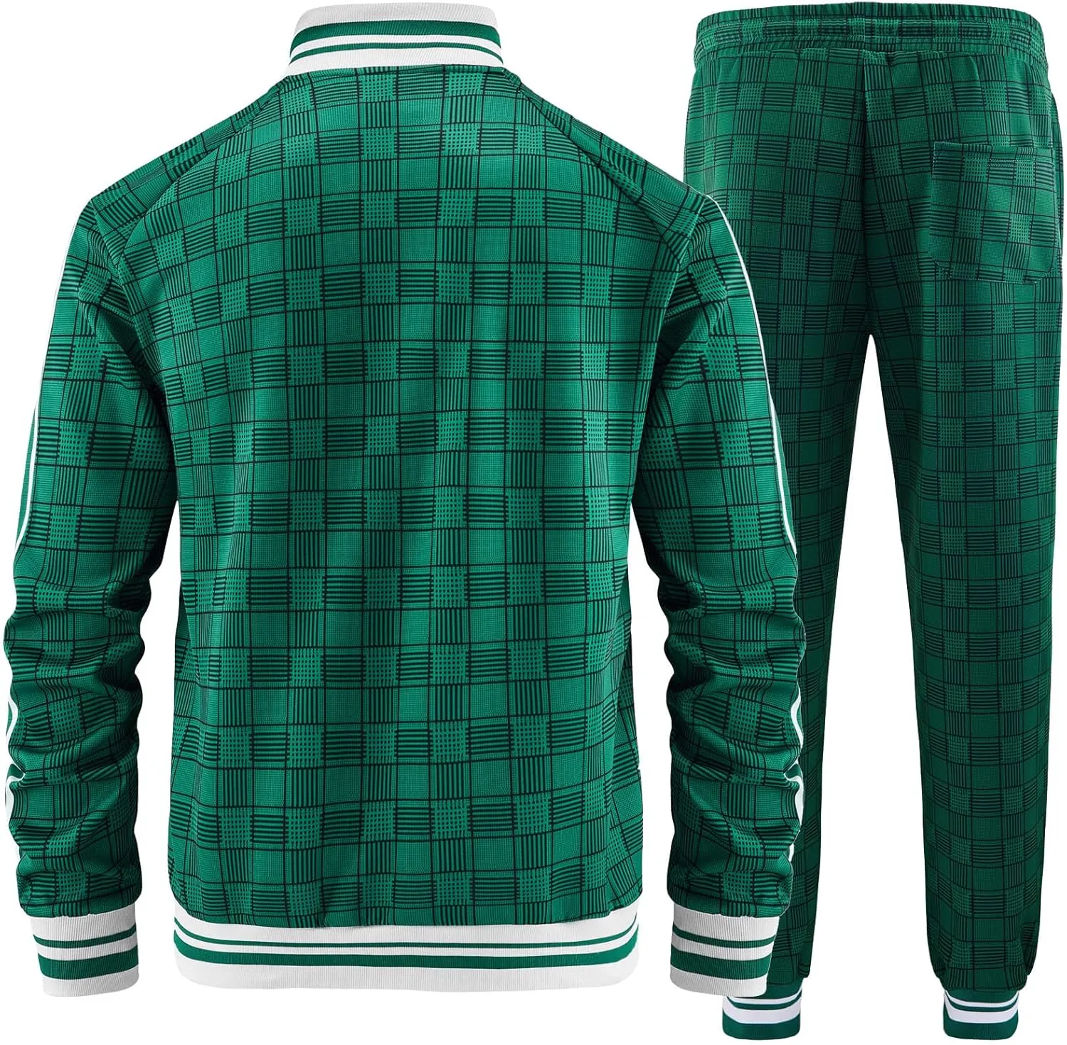 Men Tracksuits Full-zip Long Sleeve Plaid Track Jackets and Pants 2 Piece