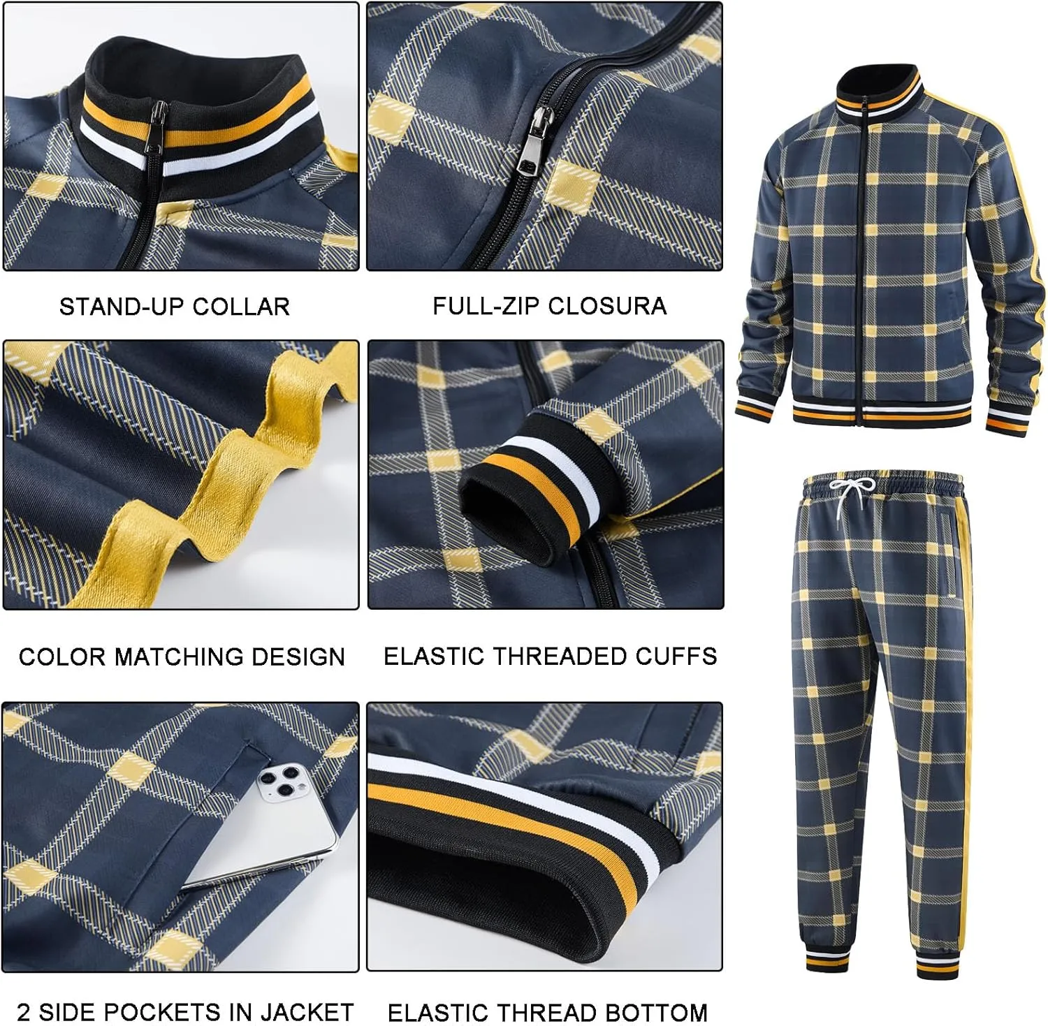 Men Tracksuits Full-zip Long Sleeve Plaid Track Jackets and Pants 2 Piece