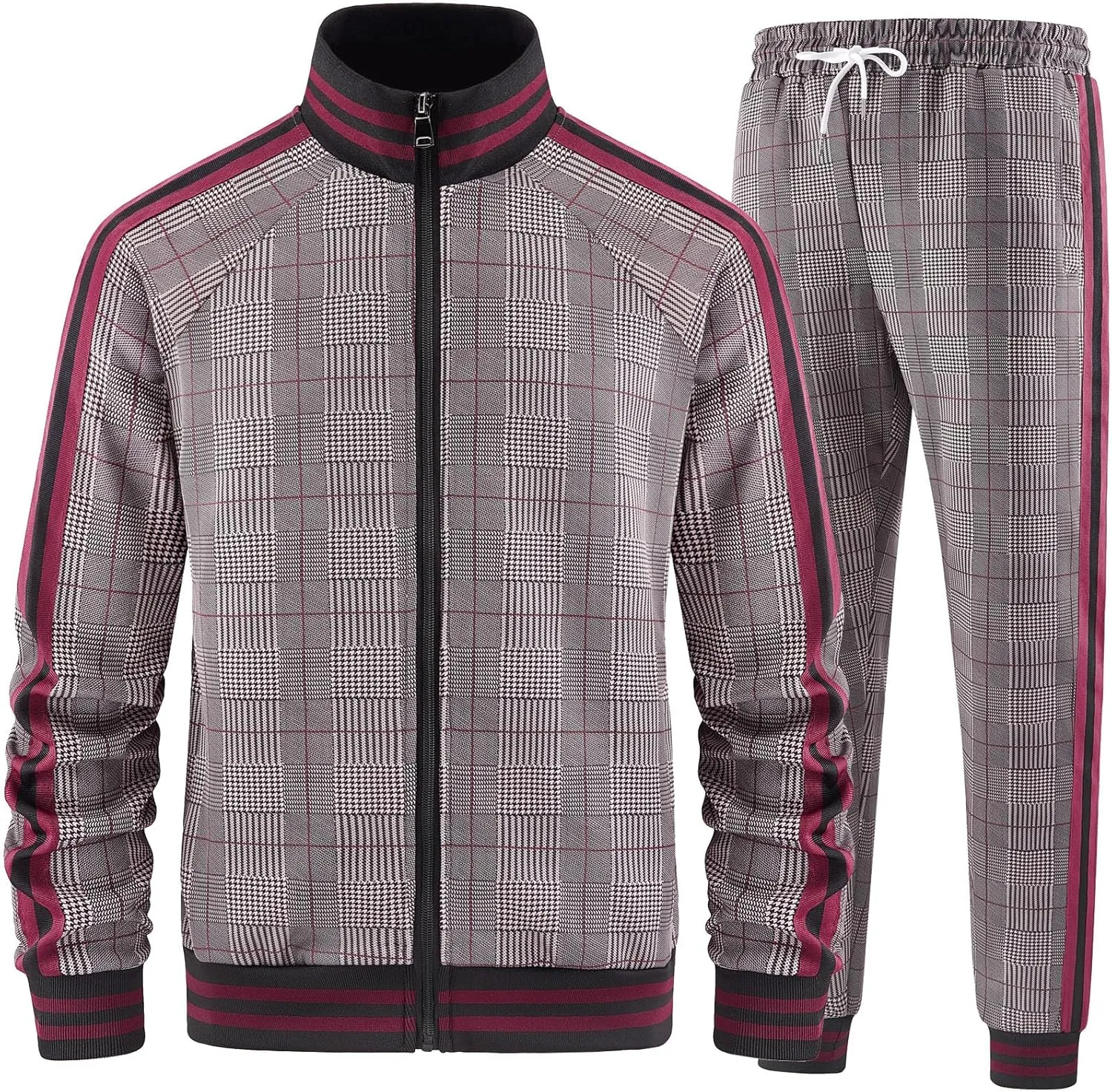 Men Tracksuits Full-zip Long Sleeve Plaid Track Jackets and Pants 2 Piece