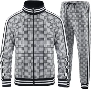 Men Tracksuits Full-zip Long Sleeve Plaid Track Jackets and Pants 2 Piece