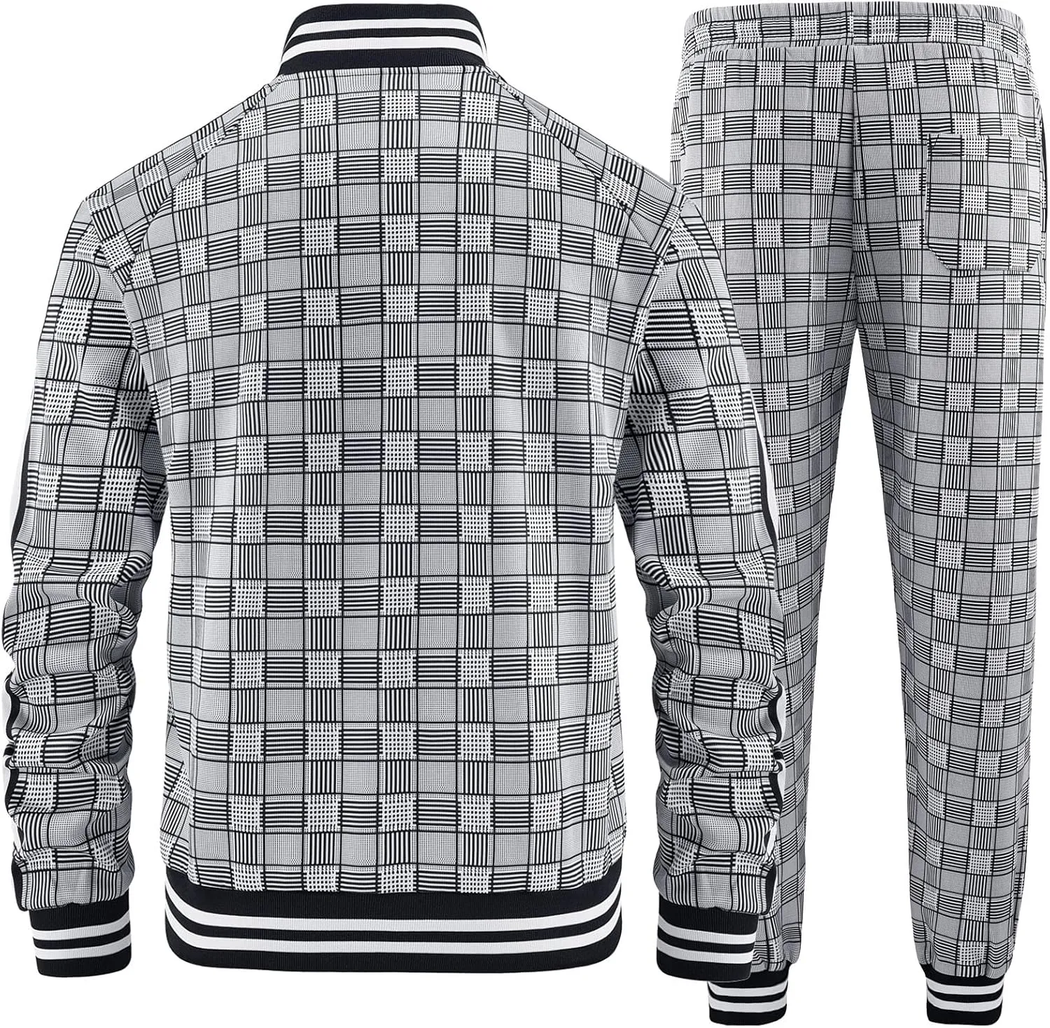 Men Tracksuits Full-zip Long Sleeve Plaid Track Jackets and Pants 2 Piece