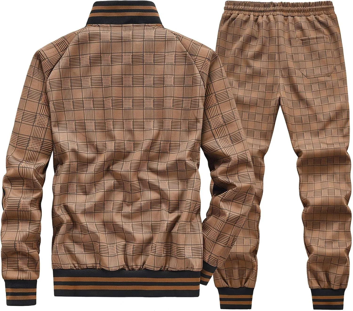 Men Tracksuits Full-zip Long Sleeve Plaid Track Jackets and Pants 2 Piece