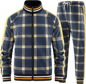 Men Tracksuits Full-zip Long Sleeve Plaid Track Jackets and Pants 2 Piece