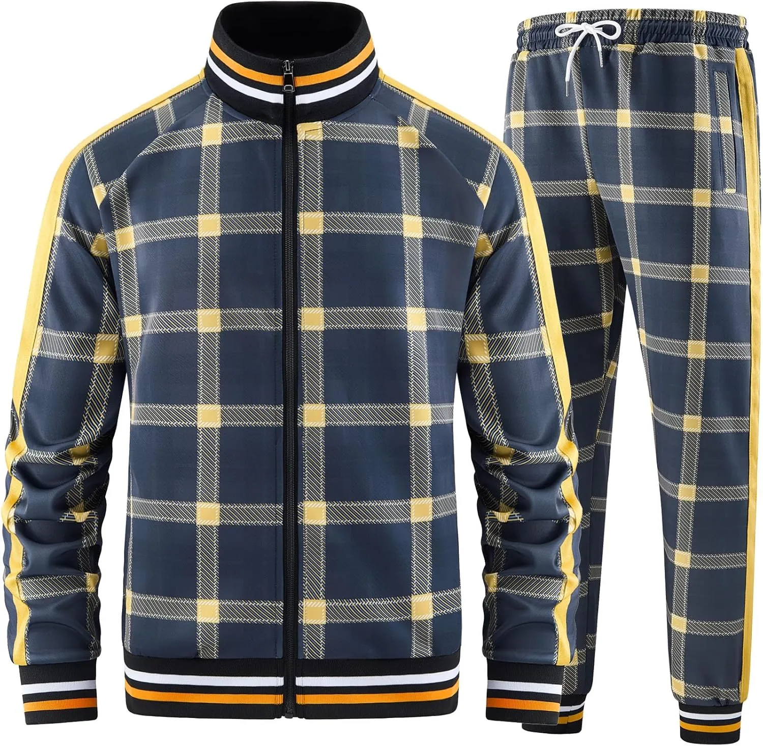Men Tracksuits Full-zip Long Sleeve Plaid Track Jackets and Pants 2 Piece