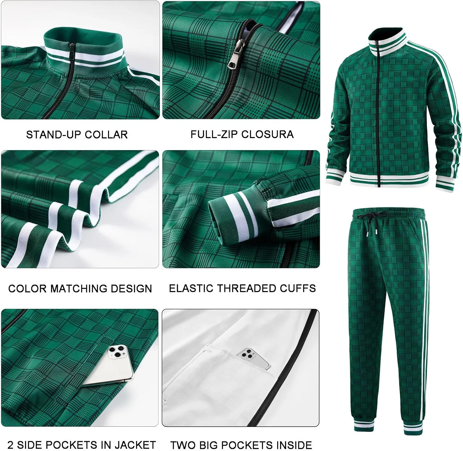Men Tracksuits Full-zip Long Sleeve Plaid Track Jackets and Pants 2 Piece