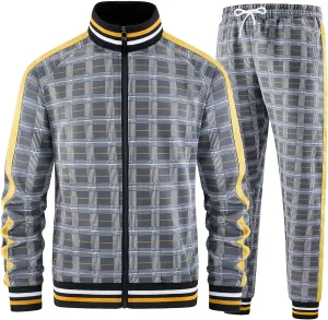 Men Tracksuits Full-zip Long Sleeve Plaid Track Jackets and Pants 2 Piece