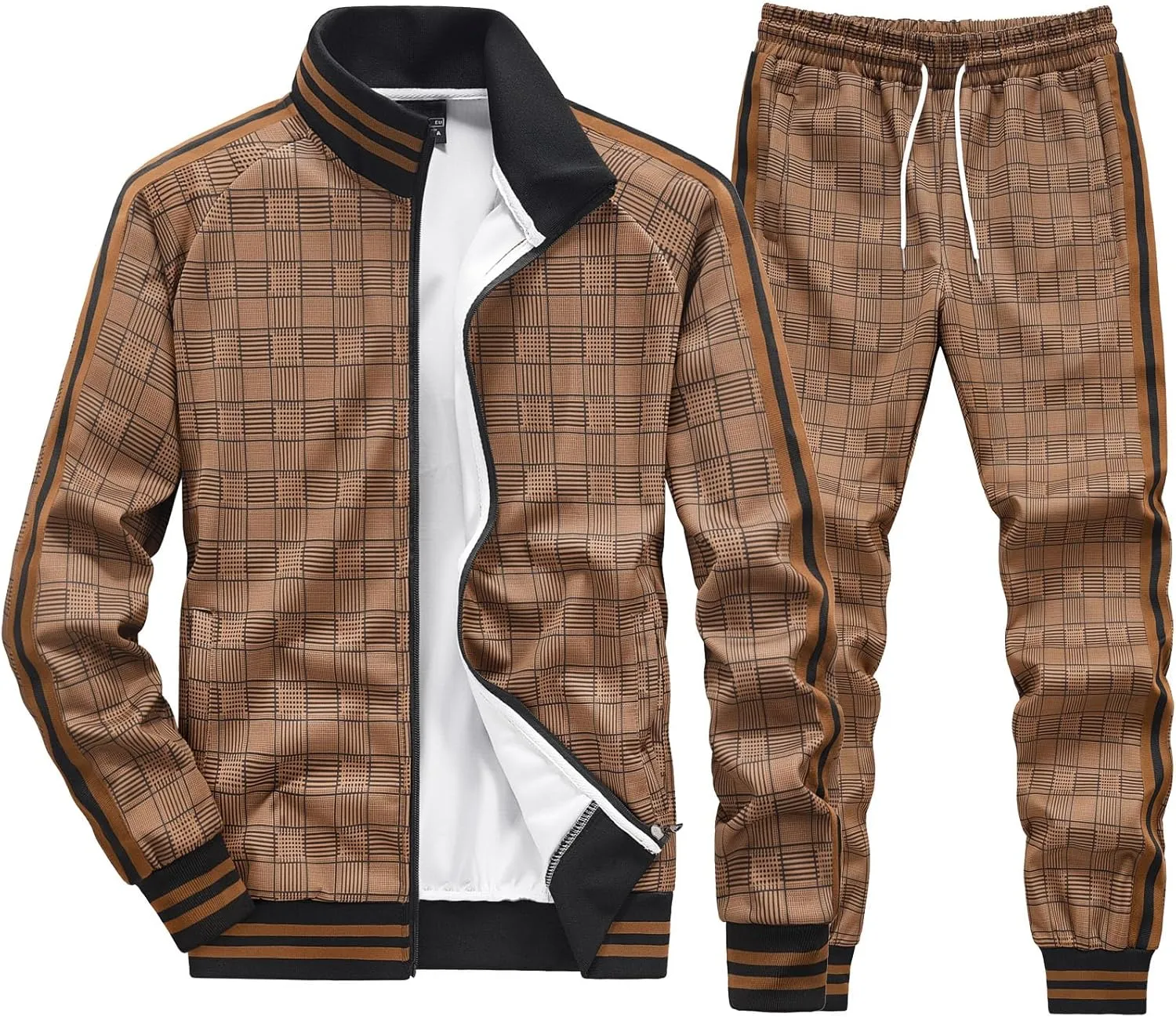 Men Tracksuits Full-zip Long Sleeve Plaid Track Jackets and Pants 2 Piece