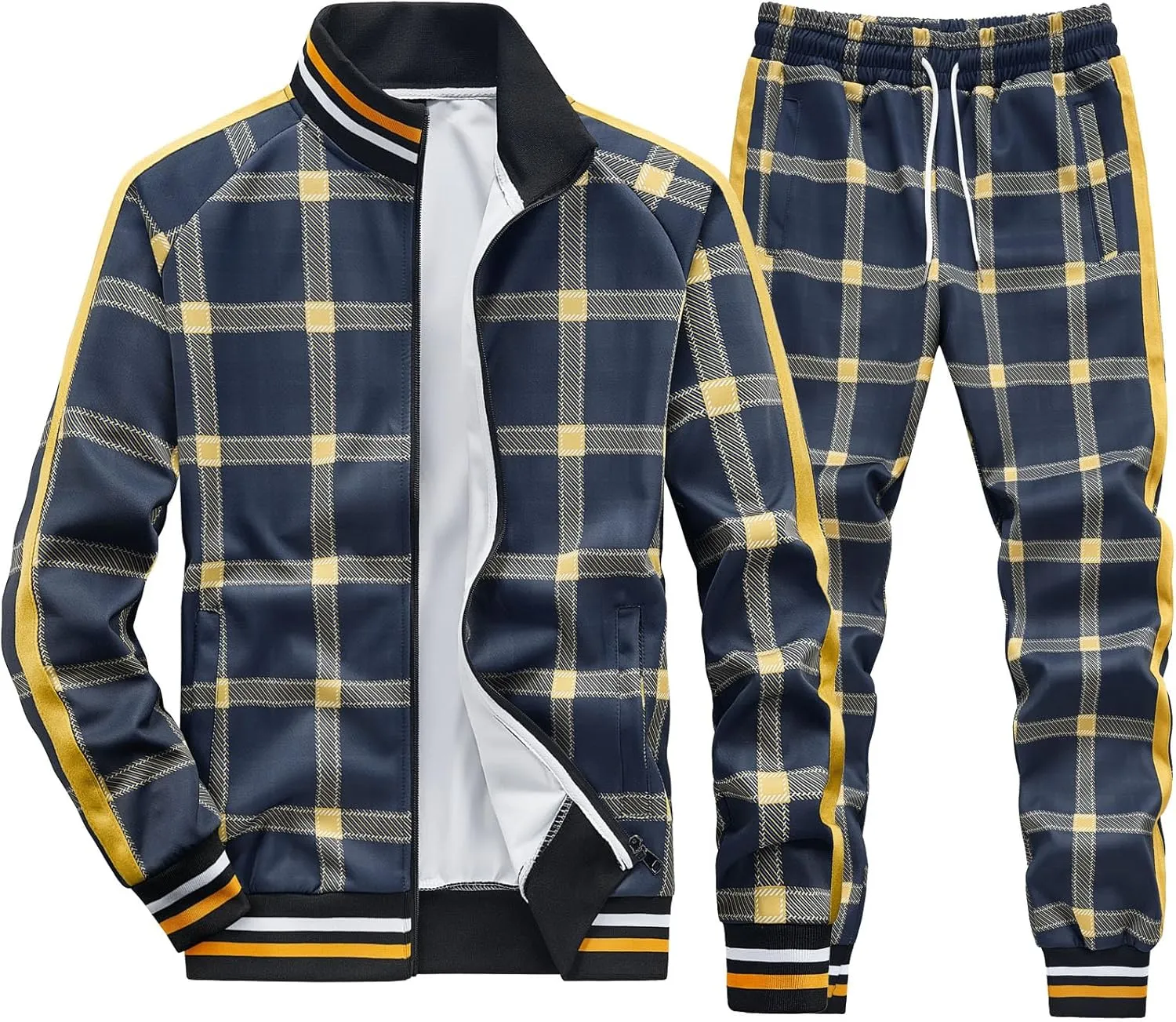 Men Tracksuits Full-zip Long Sleeve Plaid Track Jackets and Pants 2 Piece