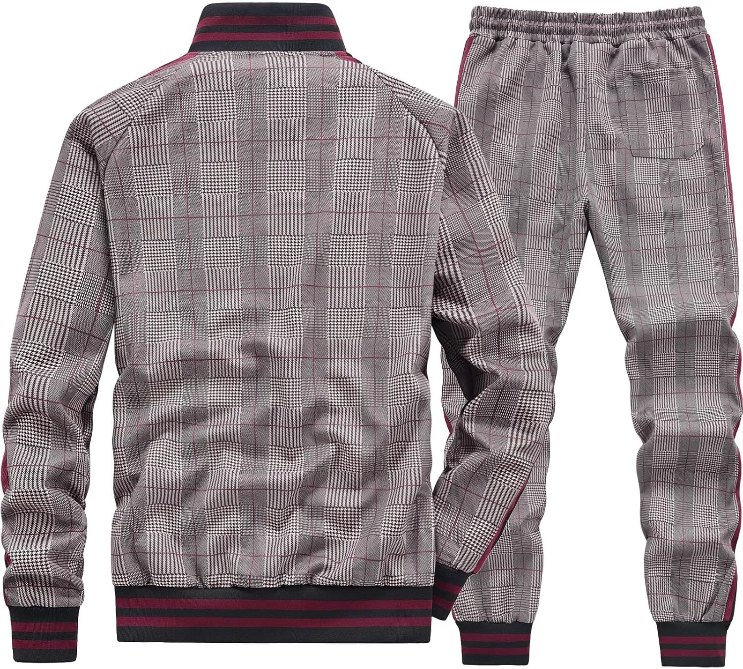 Men Tracksuits Full-zip Long Sleeve Plaid Track Jackets and Pants 2 Piece