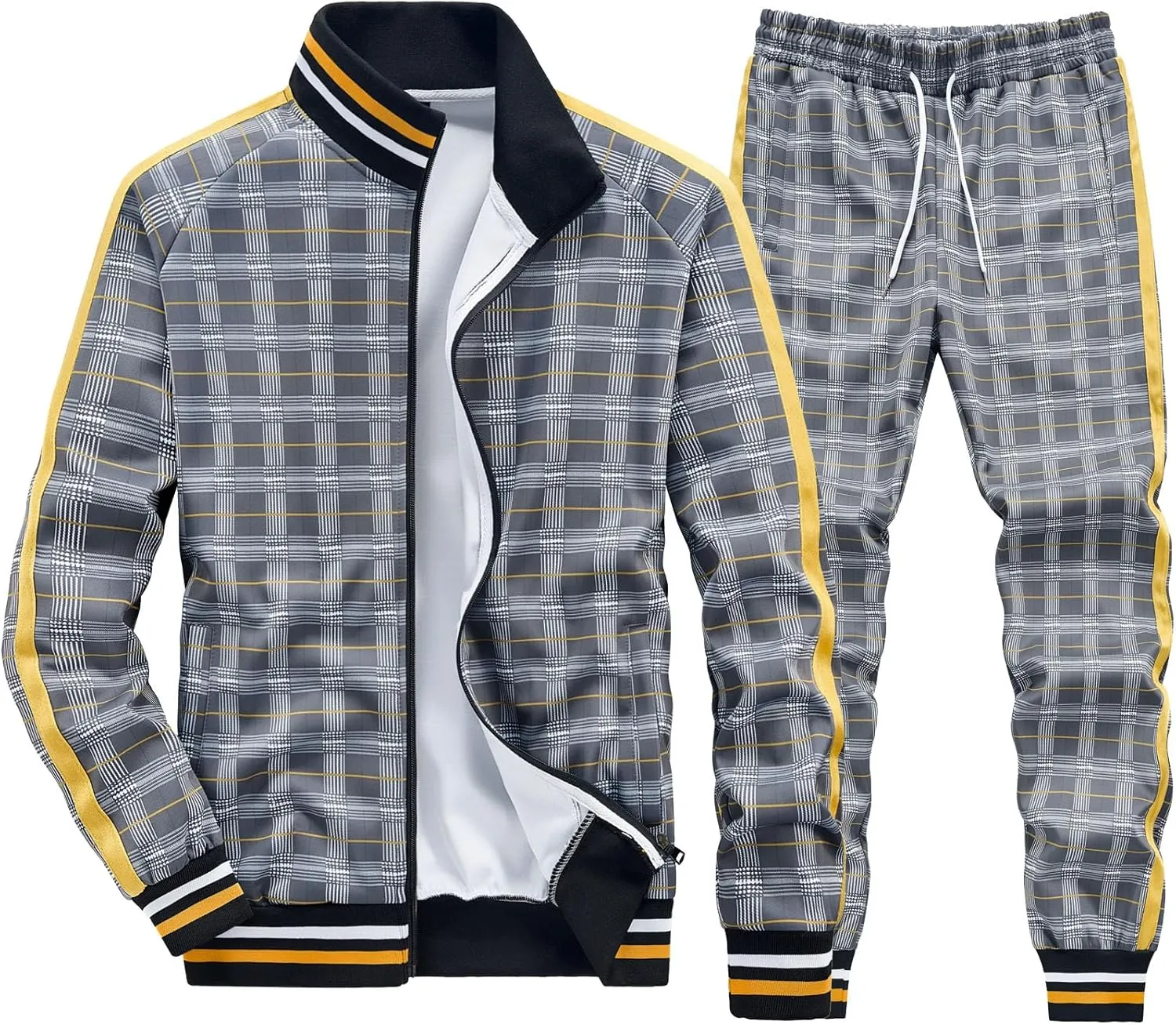 Men Tracksuits Full-zip Long Sleeve Plaid Track Jackets and Pants 2 Piece