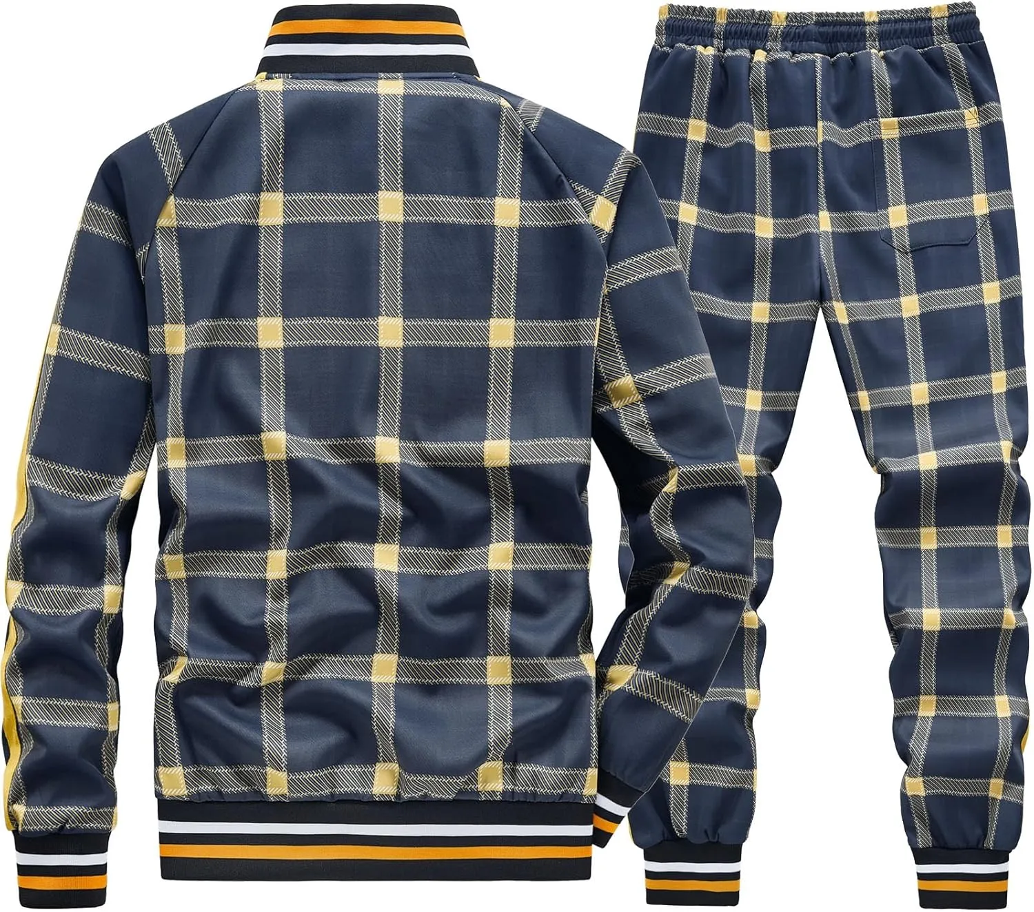 Men Tracksuits Full-zip Long Sleeve Plaid Track Jackets and Pants 2 Piece