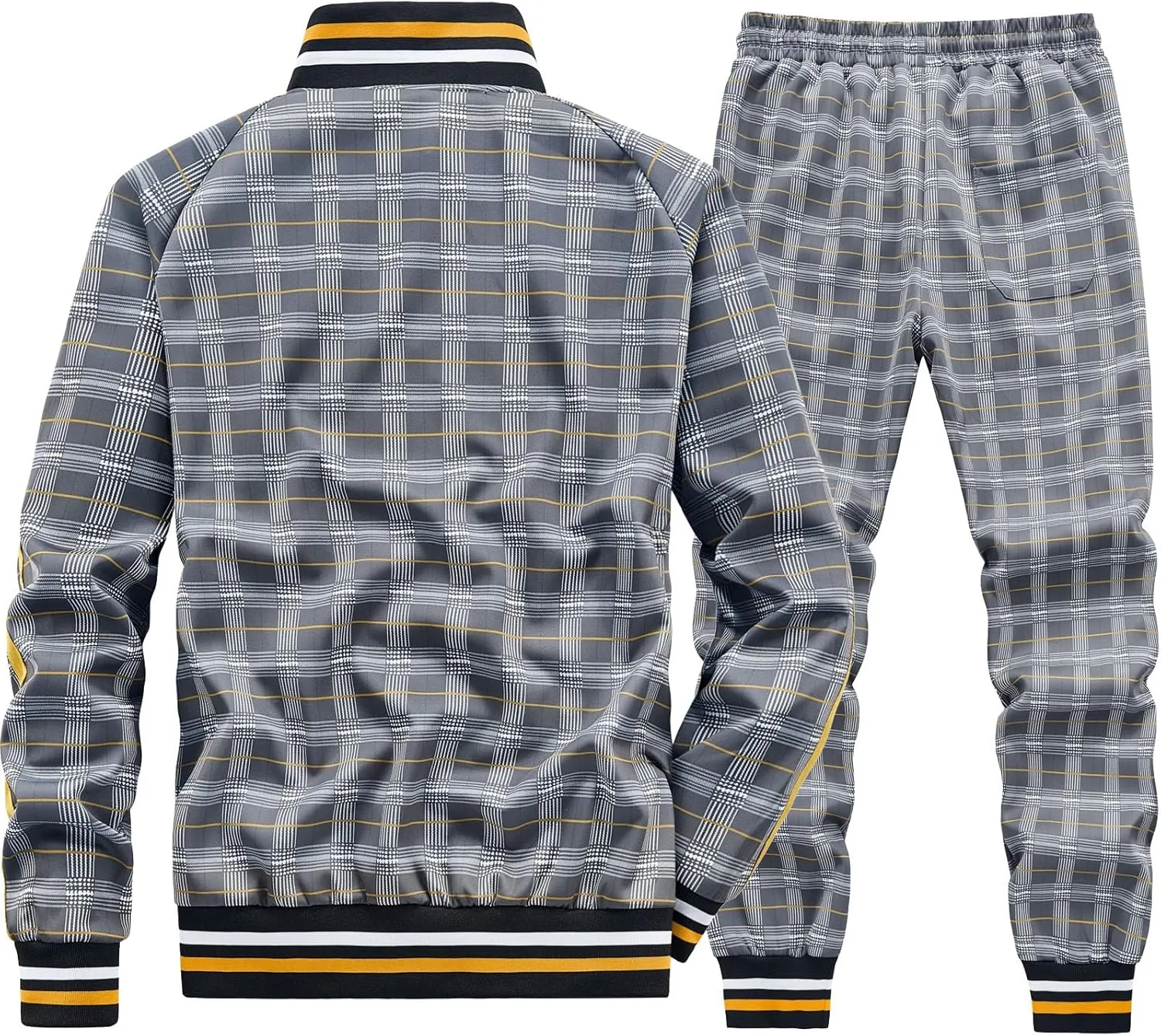 Men Tracksuits Full-zip Long Sleeve Plaid Track Jackets and Pants 2 Piece