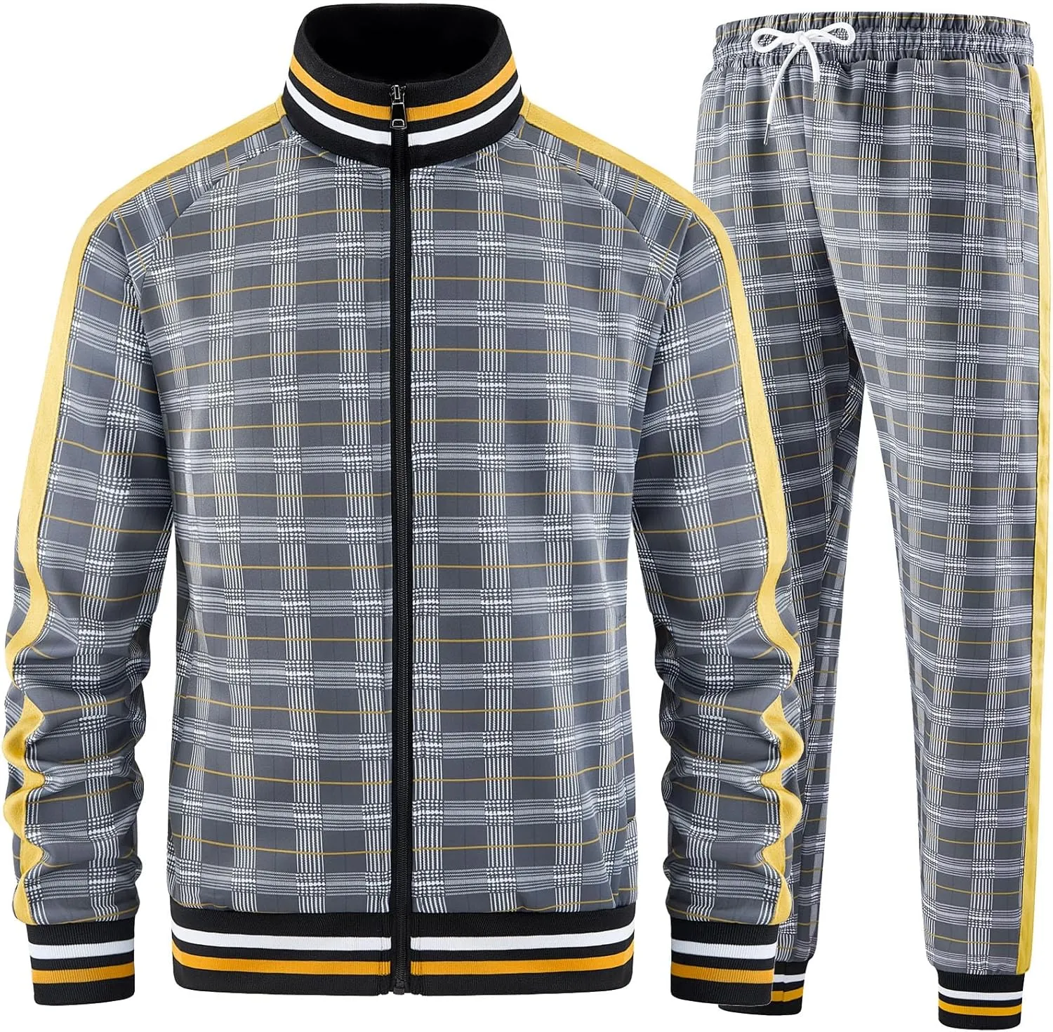 Men Tracksuits Full-zip Long Sleeve Plaid Track Jackets and Pants 2 Piece