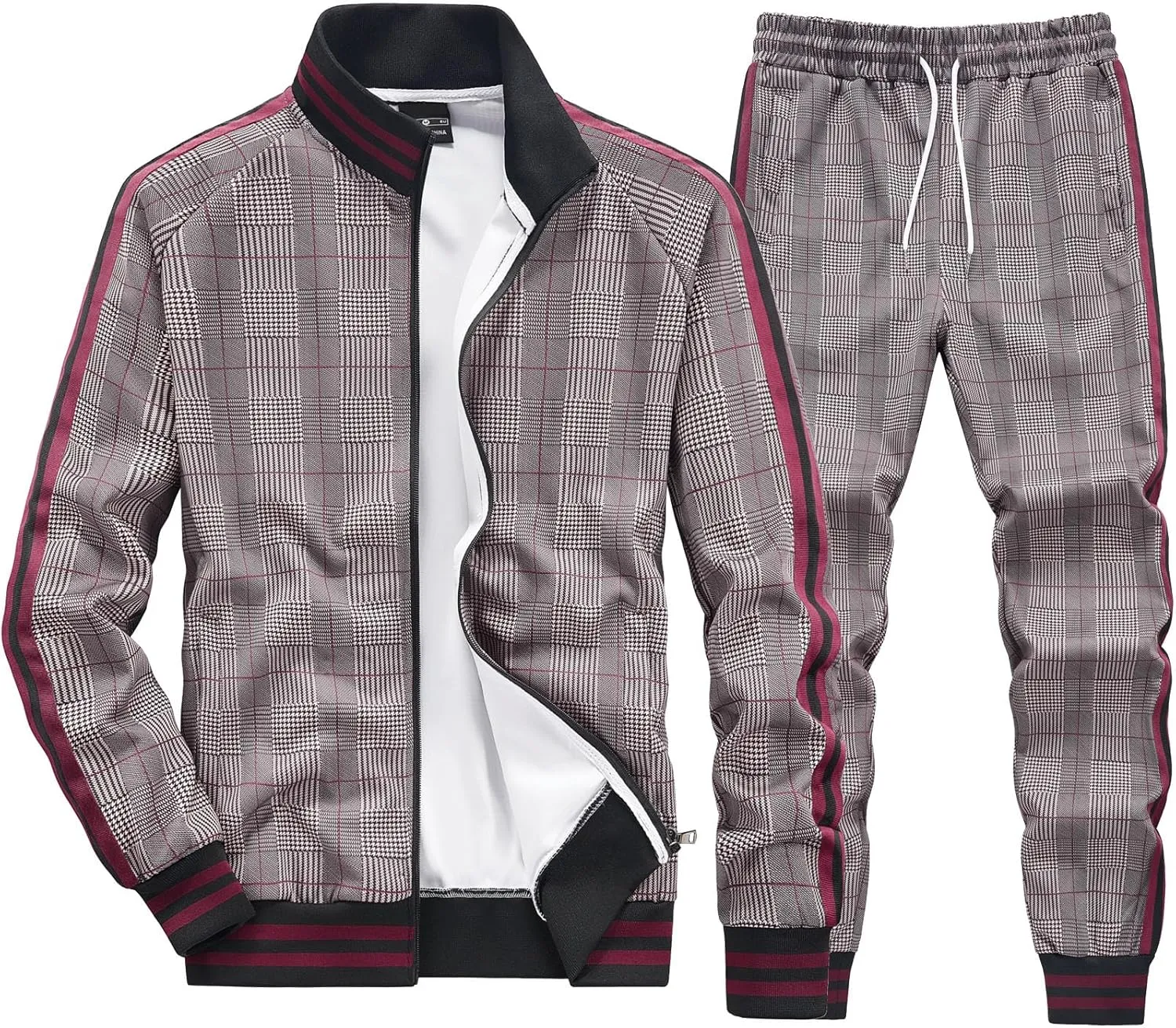 Men Tracksuits Full-zip Long Sleeve Plaid Track Jackets and Pants 2 Piece